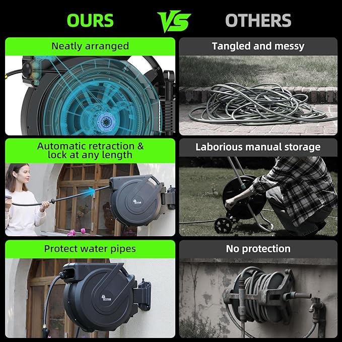 Retractable Garden Hose Reel 5/8" x100 ft, AutomaticHose Reel with 7 Pattern Nozzle, Any Length Lock Wall Mounted &180 Deg Swivel