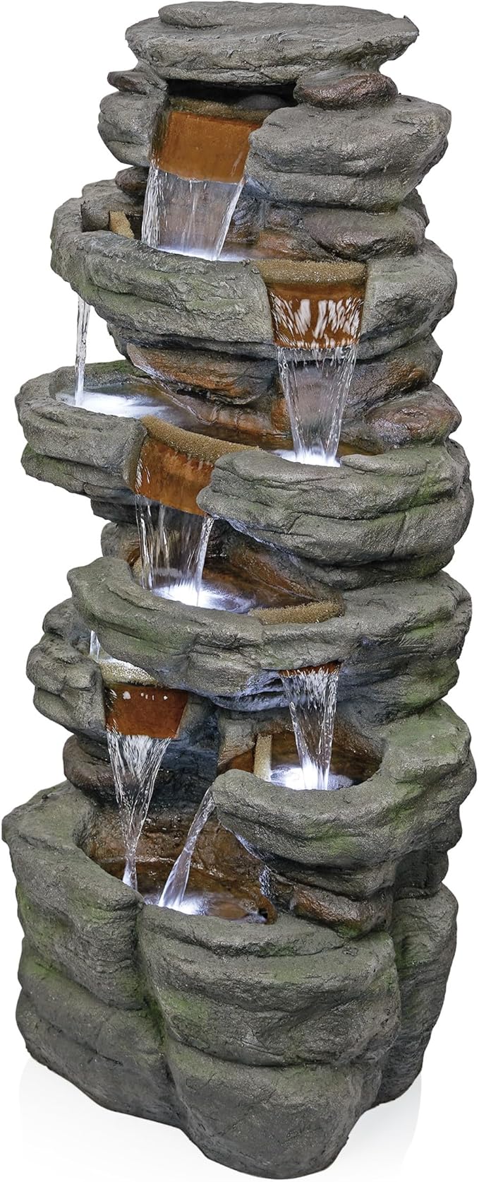 Alpine Corporation TZL352 Outdoor Floor Stone Tower Fountain with LED Lights, Multi-Level Garden Water Fountain, 47"H, Gray