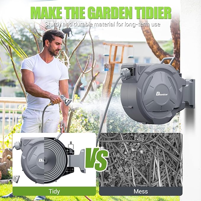 5/8" x 75 ft Retractable Hose Reel, Heavy Duty Retractable Garden Hose Reel Wall Mounted with 10-Pattern Hose Nozzle/Any Length Lock/Slow Return System/180°Swivel Bracket