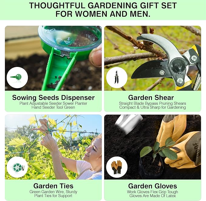 Garden Tools Set โ Premium Stainless Steel Gardening Hand Tools with Solid Beechwood Handle โ Gardening Kit with Rake, Shovel, Gloves, Shears, Tool Organizer โ Garden Gifts for Women and Men
