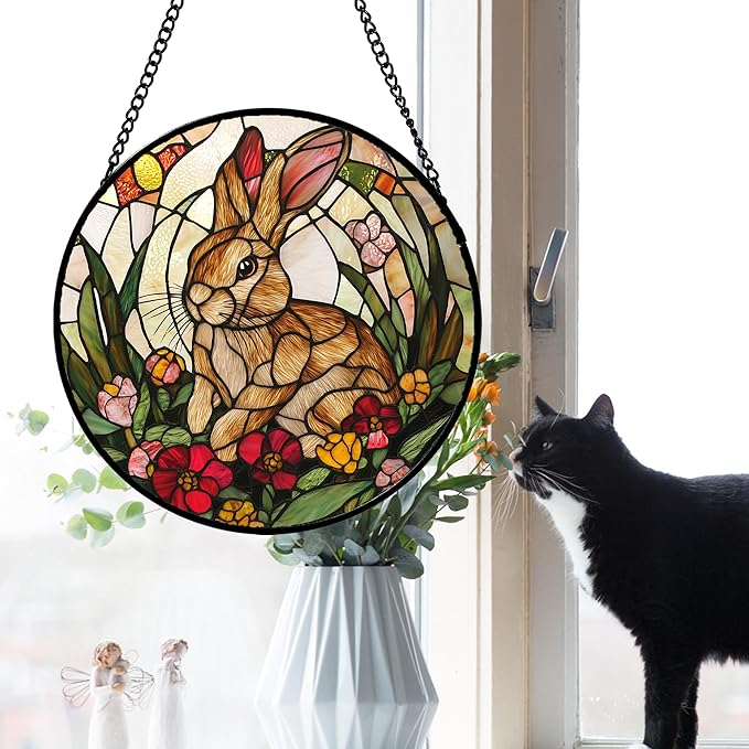 Stained Glass Window Hanging, Cute Bunny Flowers Sun Catcher for Window Door Home Decor, Rabbit Suncatcher Christmas Mother's Day Birthday Gifts for Women Men Mom and Nana 15 in