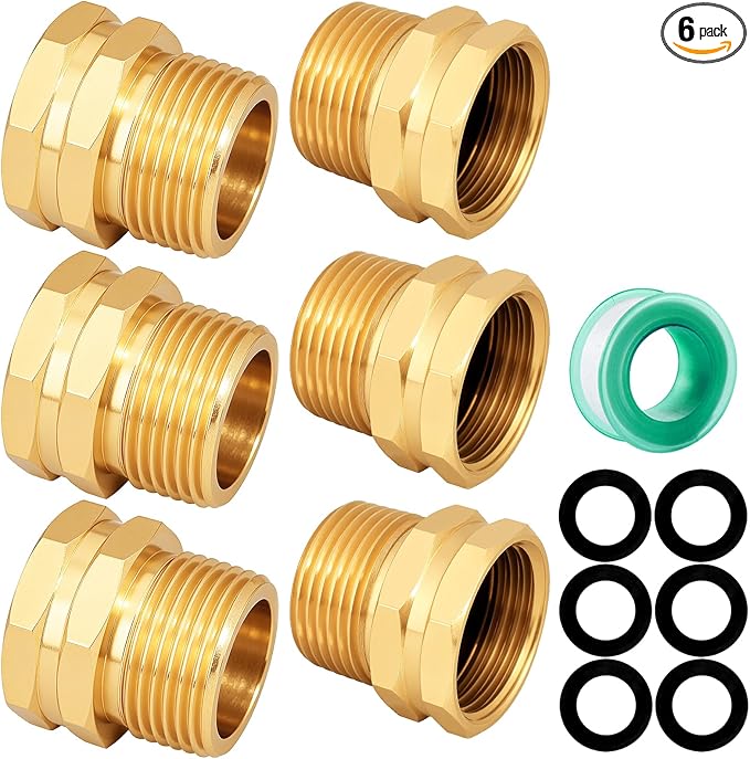 Garden Hose Adapter: Brass 3/4" GHT Female to 3/4" NPT Male Reducer, Leak-Proof Connector (3/4" GHT Female to 3/4" NPT Male, 6-Pack)