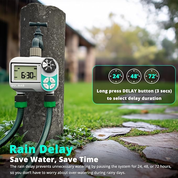 QUOBAS Weekly Plan 2 Zone Sprinkler Timer with Metal Inlet & Outlet, Water Timer for Garden Hose with Rain Delay/Manual Watering/Automatic Watering Controller System for Watering Lawn, Yard, Garden