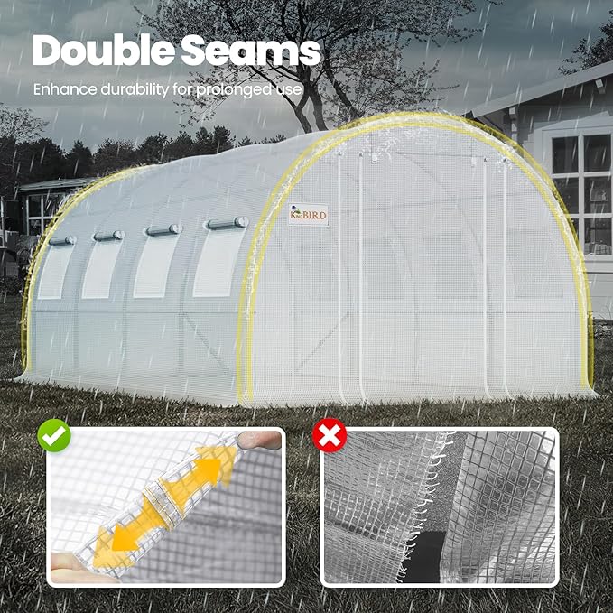 KING BIRD Premium 20x10x6.6FT Greenhouse for Outdoors, Large Walk-in Upgraded Galvanized Metal Frame, Mesh Door Screen Window Improved Zipper Tunnel Hoop for Garden Plant Winter, 2 Stiffeners, White