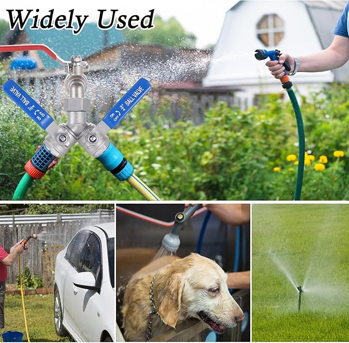 304 Stainless Steel Garden Hose Splitter 2 Way Heavy Duty, Full Flow Garden Hose Y-Valve Hose Splitter with Shutoff Valve, Outdoor Faucet Splitter Hose Connector, 3/4" GHT Threads