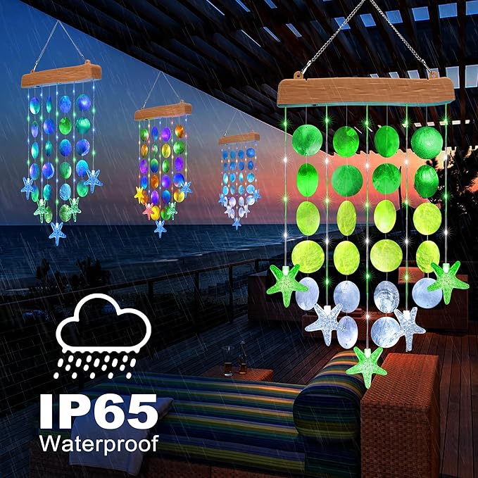 Toodour Solar Wind Chimes for Outside, Birthday Gifts for Women Mom Grandma, Waterproof 2 Modes Shells Solar Powered Outdoor Lights for Patio Holiday Garden Porch Yard Outdoor Decor - White & Green