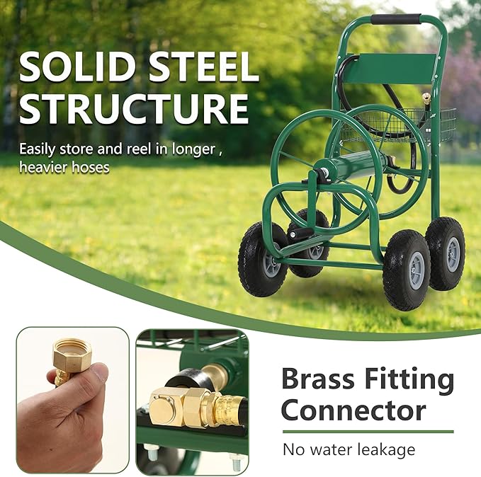 Hose Reel Hold Up To 300 Ft Heavy Duty Garden Hose Reel Sturdy Water Hose Reel Cart with 4 Wheels Storage Basket for Garden Lawn Yard Outdoor (Green)