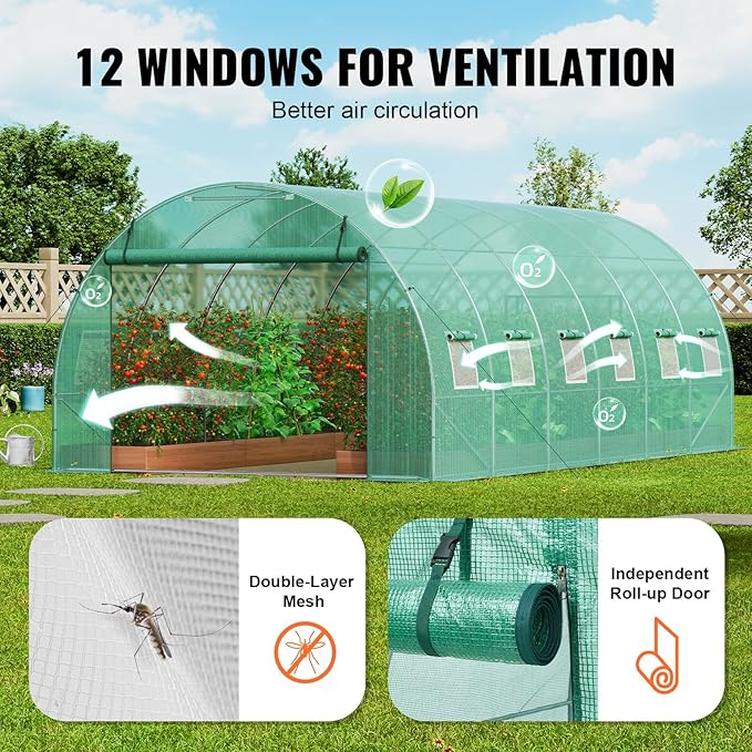 VEVOR Walk-in Tunnel Greenhouse, 19.4x9.7x6.5 ft Hoop House Greenhouse Tunnel, Plant Hot House with Galvanized Steel Frame, Green PE Cover, Roll-up Zipper Door and 12 Windows for Outdoor