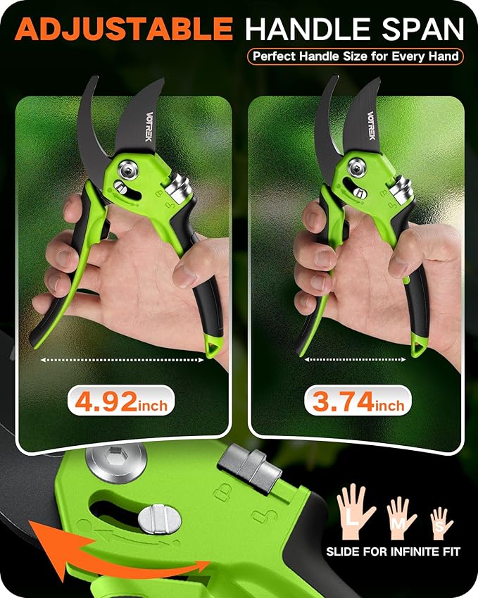 Pruning Shears for Gardening - 8.5" Garden Clippers with SK5 Blade, Stepless Adjustable Handle for All Hand, Ergonomic Bypass Plant Pruners Scissors for Heavy Duty Branch Bush Rose Tool