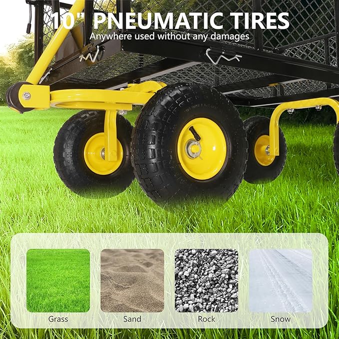 Steel Garden Cart, 2-in-1 Heavy Duty Utility Wagon 900 LBS Capacity Carts with Removable Mesh Sides to Convert into Flatbed, 240° U-Turn 10" Pneumatic Tires Garden Wagon for Lawn Camping Farm Yard