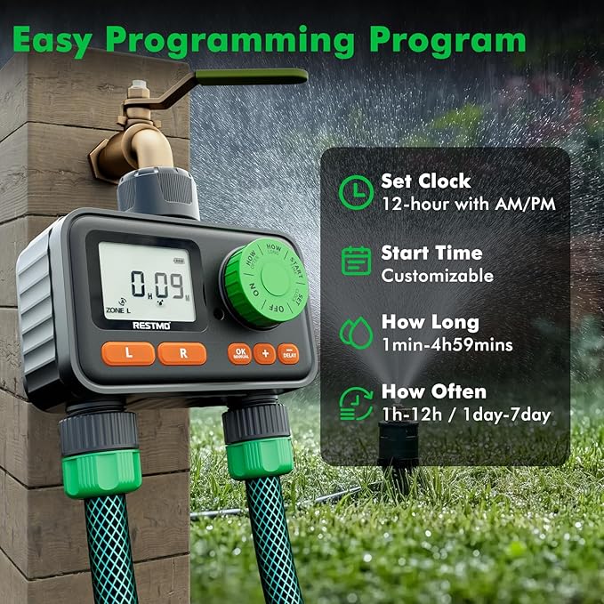 RESTMO 2 Zone Sprinkler Timer, Programmable Water Timer for Garden Hose, Automatic Control | Manual ON/Off | Rain Delay for Outdoor Faucet, Drip Irrigation and Lawn Watering System