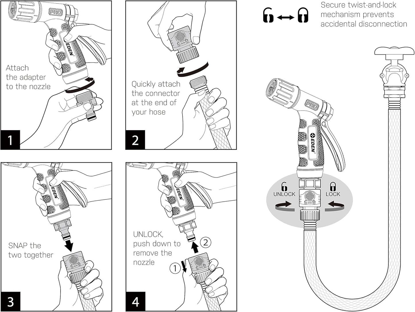 Eden 94844 Heavy Duty Metal Garden Hose Nozzle,HIGH Pressure 4-Pattern Watering Sprayer W/Quick Connector Set for Watering Garden, Lawns, Plants, Showering Pets, Washing Car