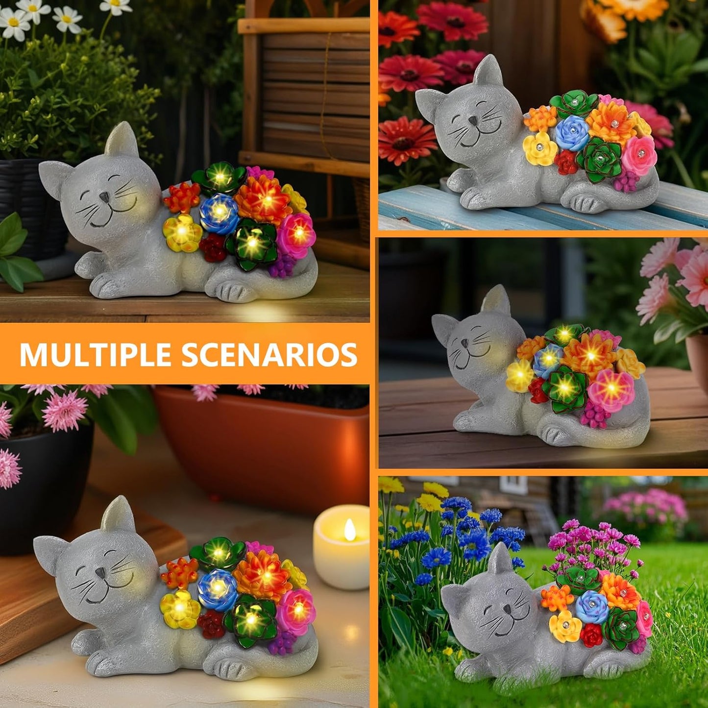Solar Garden Decor Cat Statue Lights, Birthday Gifts for Women Mom and Cat Lover, Outdoor Decor with Succulentss and 6 LED Lights for Yard Art Lawn Patio Porch