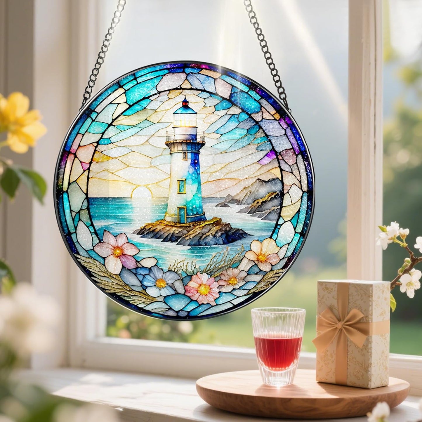 Stained Glass Window Hanging, Pauyadu Lighthouse Sun Catchers, Stained Glass Suncatcher, Lighthouse Decor Gifts for Women, Men, Lovers, Friend, Family and Partners- 8 Inch