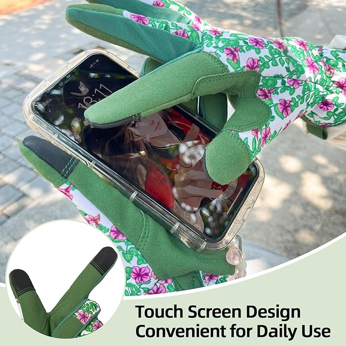 Gardening Gloves for Women, Garden Gloves with Touch Screen, Thorn Proof Puncture Resistant Working Gloves, Gardening Gifts for Women (Green with purple flowers, Medium)