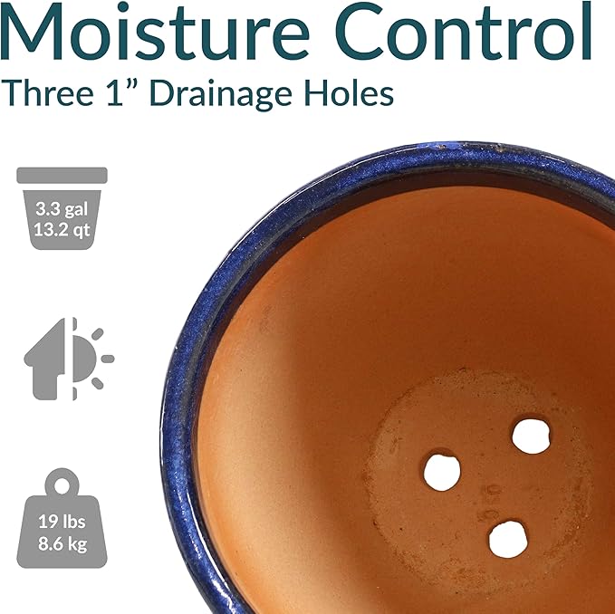 Sunnydaze Large Ceramic Plant Pot - Round Outdoor Glazed Ceramic Planter Pot with Drainage - Resort - Imperial Blue - 13.5"