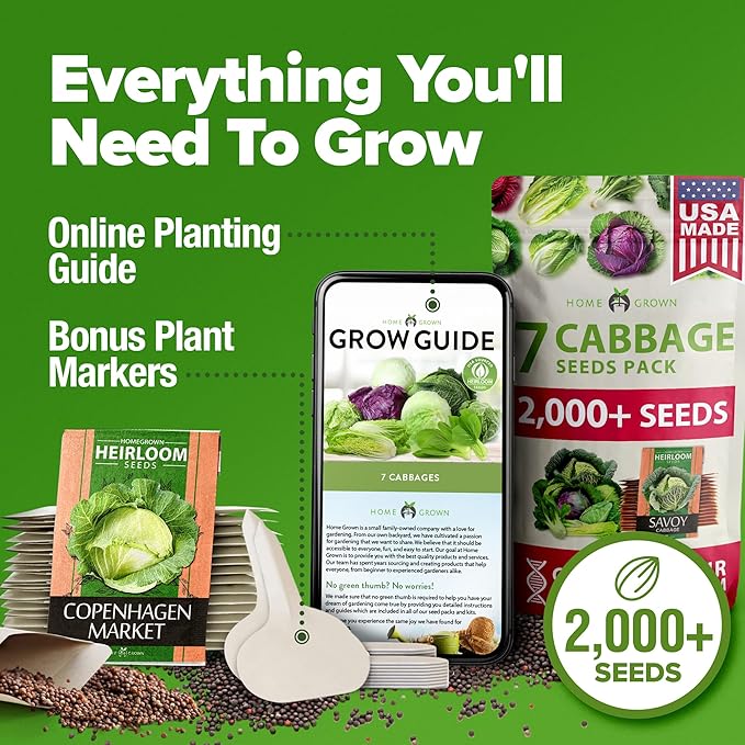 HOME GROWN 7 Cabbage Seeds for Planting - 2000+ Heirloom π‘π’π‘-ππ π’ π¨π¦π Seeds - Golden Acre,BokChoy,Savoy,Michihili, Red Acre, Copenhagen Market,Jersey Wakefield - Vegetable Seeds for Planting
