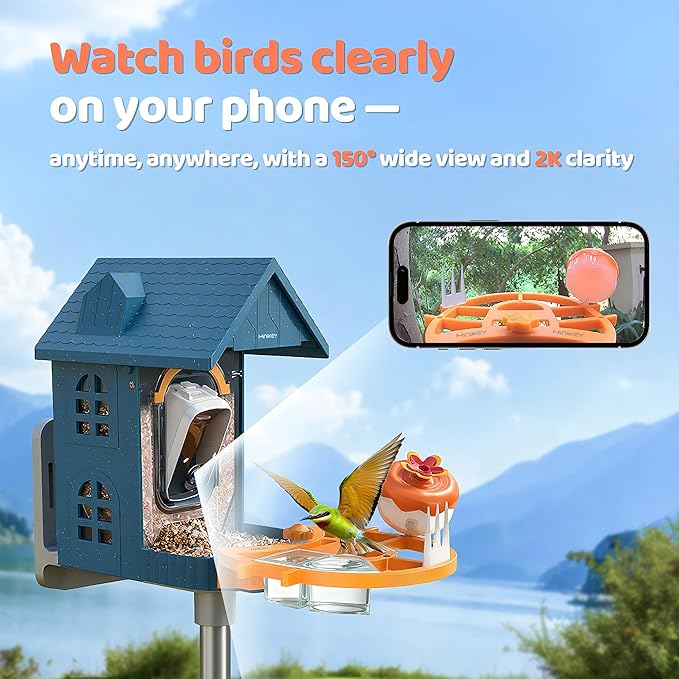 Bird Feeder with Camera Solar Powered in Outdoor Backyard :2K HD Video, AI-Powered Recognition Identifies 11000+ Species, Instant Capture and Notifications,Ideal Gift for Bird Lovers, Moms Dads.