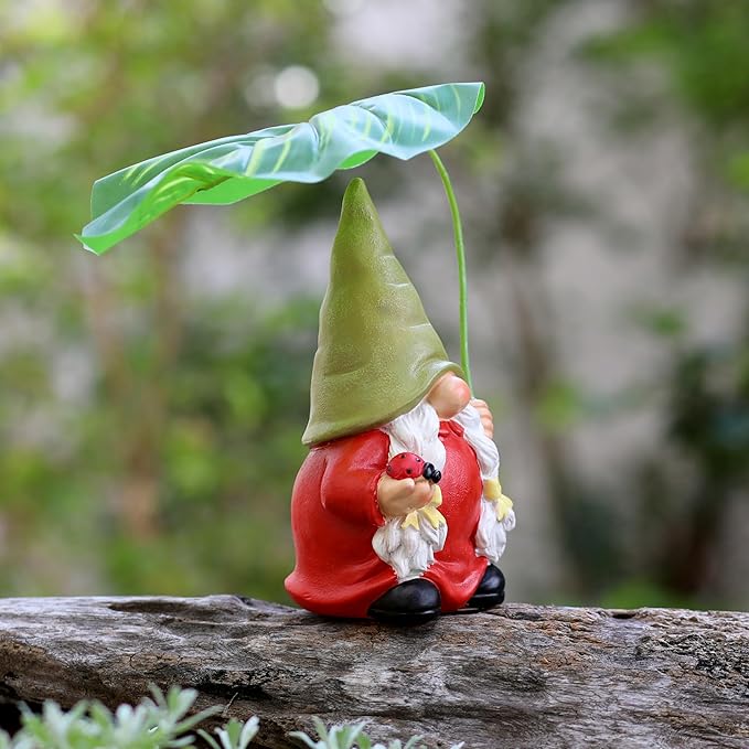 Garden Female Gnome Statue Decoration with Leaf Umbrella, 7.5” Figurine Ornament for Indoor Outdoor Home Patio Yard Lawn, for Gnome Lovers & Garden Enthusiasts,Mom,Women