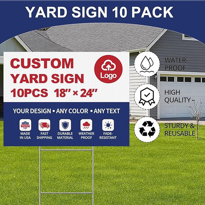 10-Pack Custom Yard Signs with Stakes – 18x24 Personalized Outdoor Directional Signs for Events, Business, and Birthdays – Durable 4mm Weatherproof Corrugated Plastic