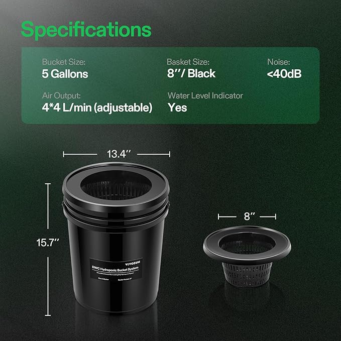 VIVOSUN DWC Hydroponics Grow System with Top Drip Kit, 5-Gallon Deep Water Culture, Recirculating Drip Garden System with Multi-Purpose Air Hose, Air Pump, and Air Stone (2 Buckets + Top Drip Kit)