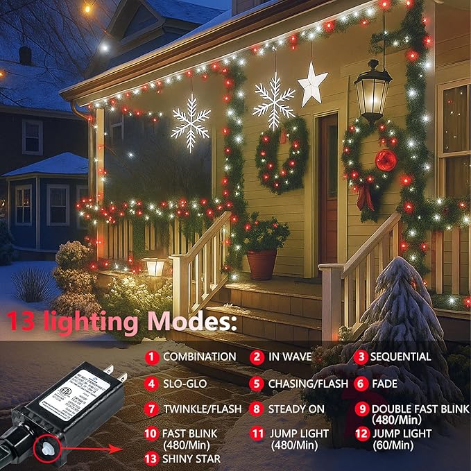 Upgraded Connectable 200 LED String Lights Indoor Outdoor, 66FT Red and White Christmas Lights Waterproof, 13 Modes Twinkle Fairy Lights Plug in Clear Wire for Christmas Tree, Bedroom, Classroom Decor