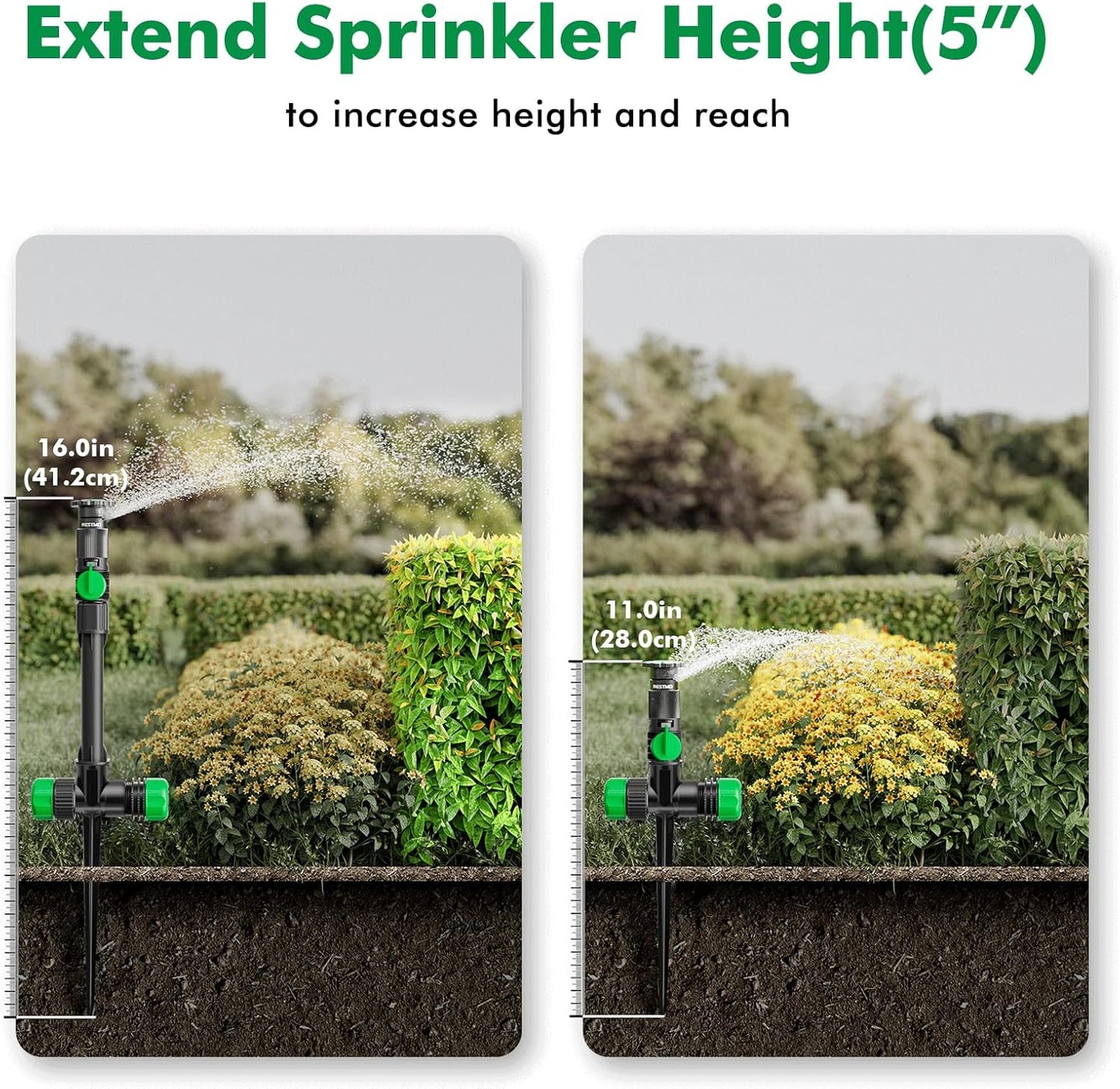 RESTMO Flexible Sprinkler System with Metal Spike Base, Above Ground DIY Irrigation Kit, Multi-Adjustable Lawn Sprinkler Set, Ideal for Plant and Flower Bed Watering (Garden Hose Not Included)
