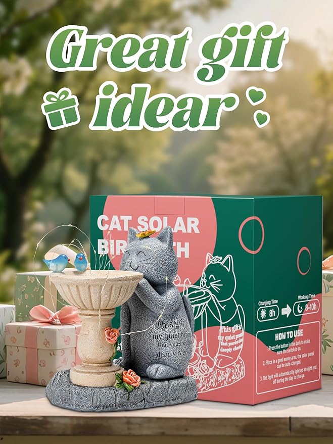 Garden Decor Cat Birdbath Statues, Solar Statues Decor with Butterfly Garden Decor for Home House, Yard Art Lawn, Ornaments, Porch Patio, Balcony - Birthday Gifts for Grandma Mom Women