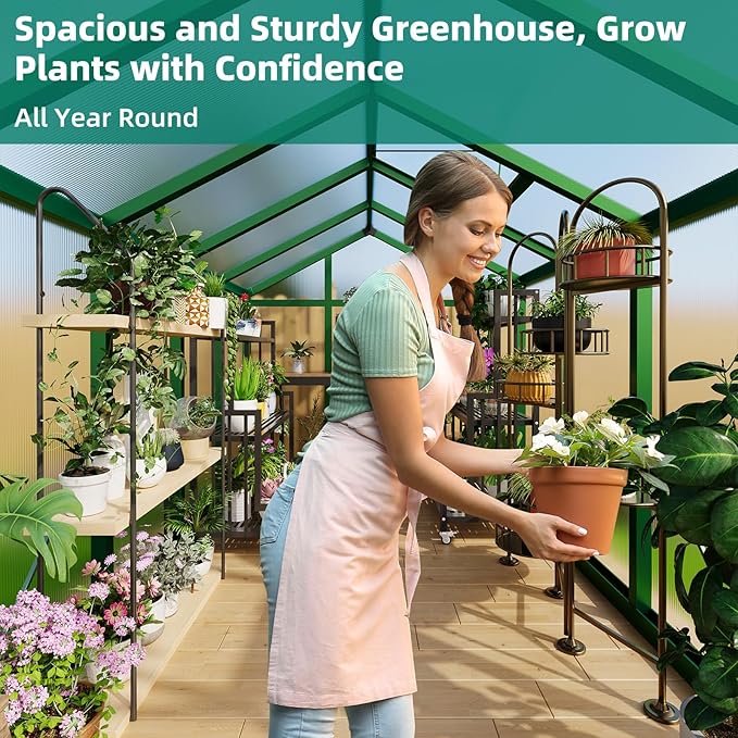 6x10 FT Polycarbonate Greenhouse with Roof Vent - Large Aluminum Walk-in Greenhouse Kit for Gardening, Backyard, Patio, Lawn - Easy Assembly