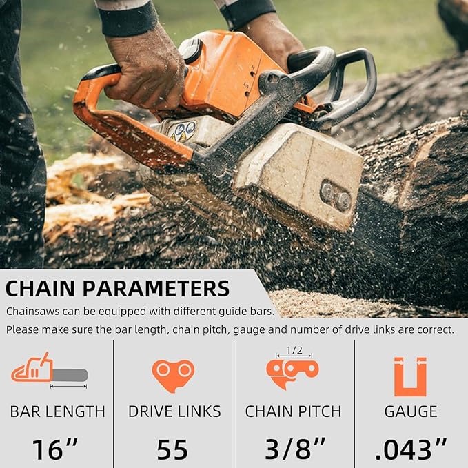5 Pack 16 Inch Chainsaw Chain for Stihl 3/8" LP Pitch .043" Gauge 55 Drive Links Fits Stihl MS170, MS171, MS180c, 61PMMC3-55, Oregon R55 and More