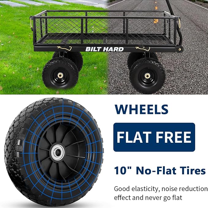 BILT HARD 10" Flat Free Tires Heavy Duty Garden Cart with 180° Rotating Handle and Removable Sides, 4 Cu.Ft 400 lbs Capacity Utility Steel Wagons for Outdoor
