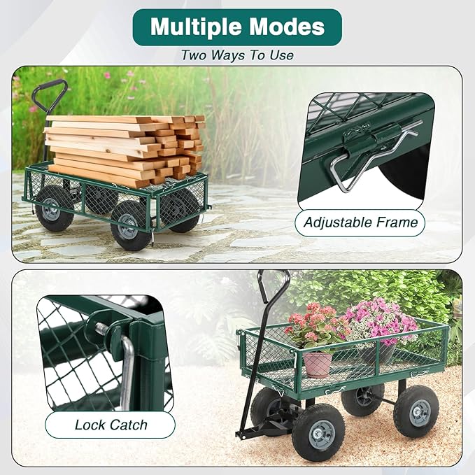 FDW Garden Cart Streel Heavy Duty 500 LBS Capacity,Utility Cart Wagon with Removable Sides and 180°Rotating Handle for Yard, Lawn and Garden Hauler (Green)