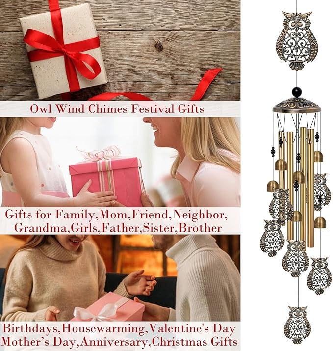 Bronze Owls Wind Chimes Decor, Mobile Blessing Wind Bells Decorate, Sympathy Wind Catcher, Memorial Gifts for Mom,Grandma,Woman (Housewarming/Outside/Indoor/Home/Room/Porch/Yard/Garden Decoration)