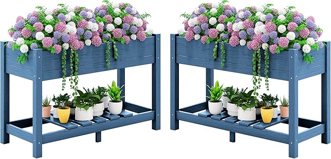 SERWALL Raised Garden Bed Set of 2, HDPE Raised Bed for Gardening All Weather Use- Blue