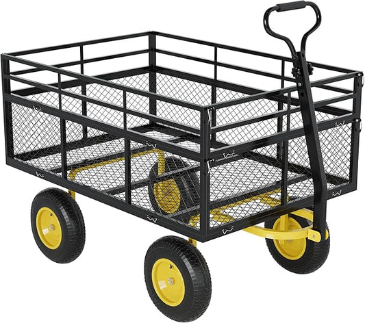 3-in-1 Heavy-Duty Steel Garden Cart, 1400 Lbs Garden Wagon, with 13 Inch All-Terrain Tires and Removable Mesh Side Panels, 180° Rotating Handle, Metal Multi-Function Carts, Outdoor Gardens Wagon Cart