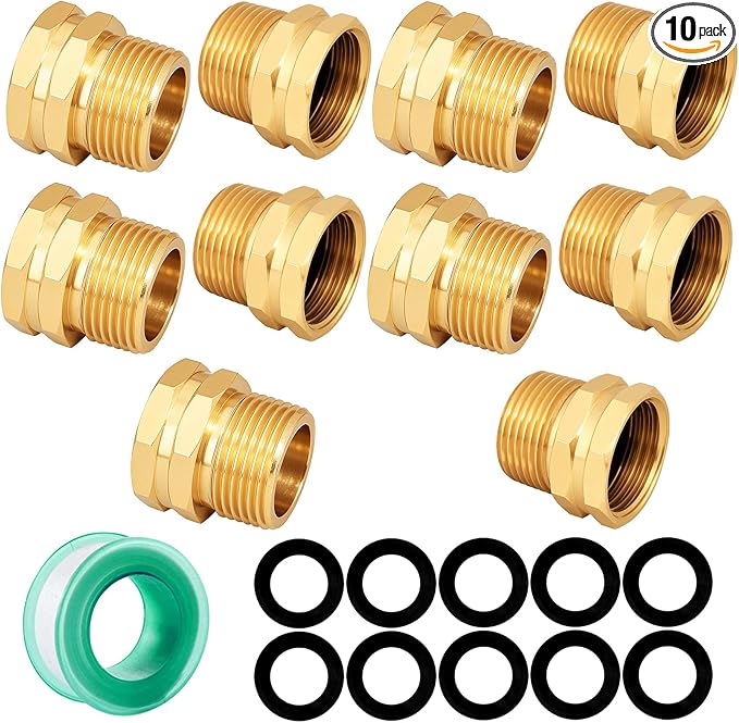 Garden Hose Adapter: Brass 3/4" GHT Female to 3/4" NPT Male Reducer, Leak-Proof Connector (3/4" GHT Female to 3/4" NPT Male, 10-Pack)
