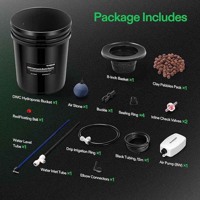 VIVOSUN DWC Hydroponics Grow System with Top Drip Kit, 5-Gallon Deep Water Culture, Recirculating Drip Garden System with Multi-Purpose Air Hose, Air Pump, and Air Stone (1 Bucket + Top Drip Kit)