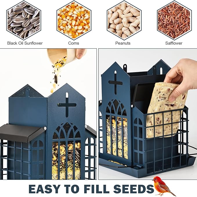 5LB Church Metal Hanging Bird Feeder for Outdoors, Weatherproof Suet Feeders for Outside Hanging, Large Bird Feeders Great for Attracting Finch, Woodpecker and More Wild Birds-White