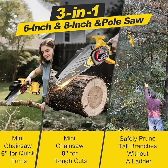 Cordless Pole Saw 3-in-1 with 6&8 Inch Mini Chainsaw, Battery Powered Electric Pole Saw for Tree Trimming with 2×4.0Ah Battery, Lightweight, Up to 14 FT Extendable Pole Saw for Home & Garden & DIY