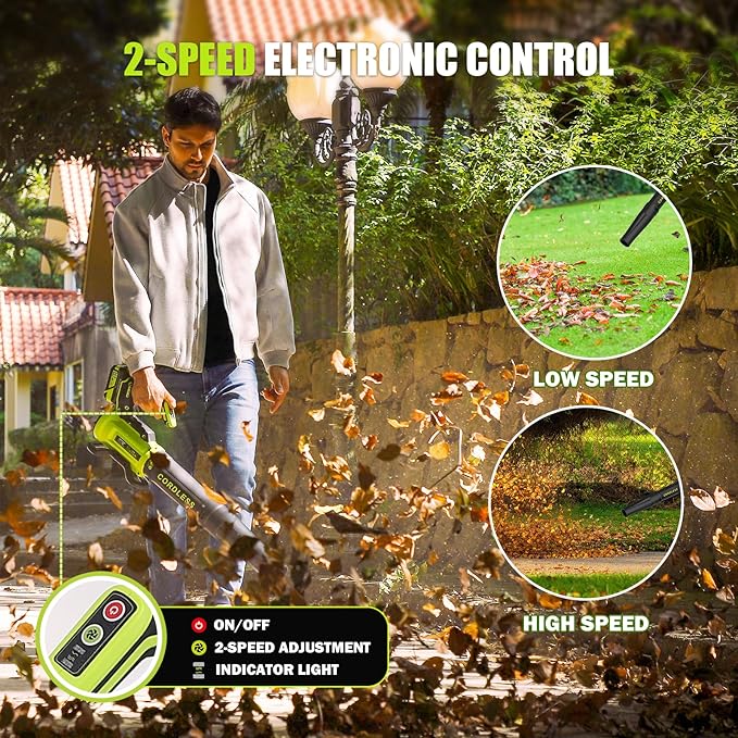 Leaf Blower Cordless with 2× 4.0Ah Batteries and Charger, 560CFM & 180MPH Lightweight Leaf Blower, 2 Speed Electronic Control, 20V Electric Blower for Driveway, Lawn & Yard Care