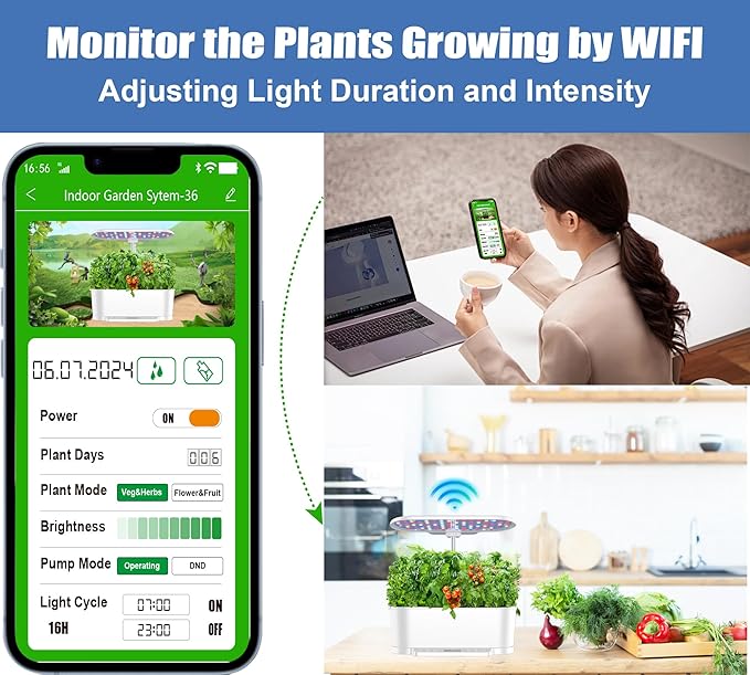 Hydroponics Growing System Kit APP Controlled, Indoor Herb Garden Hydroponic 15 Pods 36W Grow Light, Smart Indoor Garden, Height Adjustable to 30", Water Shortage Alarm, Quiet Pump, Auto Timer, White