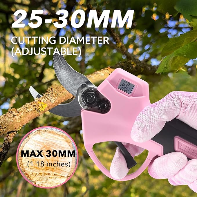 Electric Pruning Shears Cordless Brushless - Professional Battery Powered Pink Pruner, 2 Batteries & Replaceable Blades, Toolbox for Efficient Garden & Landscape Maintenance