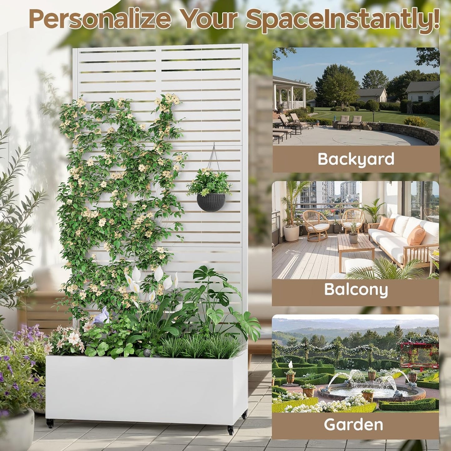 Metal Raised Garden Bed with Trellis & Wheels,72" x 35"x 15.7" Planter Box with Trellis,Privacy Planters for Patio,Garden Bed for Climbing Plants,Suitable for Climbing Plants and Vegetables,White