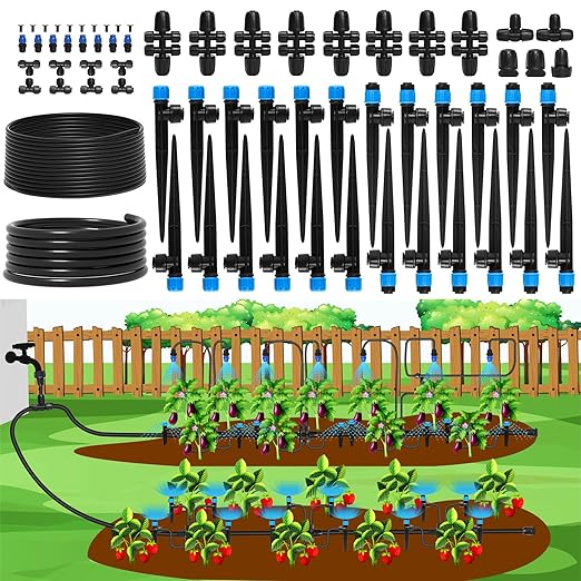Bonviee 247FT Drip Irrigation System, Automatic Garden Watering System Kit with 50FT 5/16โ & 1/4โ Drip Tubing, Quick-to-Connect Fittings, Adjustable Drip Emitters for Raised Beds, Greenhouse, Lawn