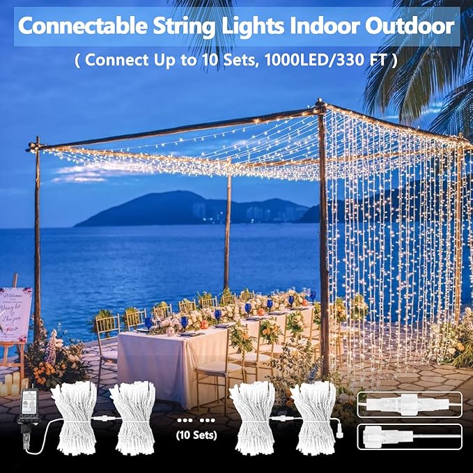 Connectable 100 LED String Lights Indoor Outdoor, 33FT Cool White Christmas Lights Waterproof, 13 Modes with Timer, Twinkle Fairy Lights Plug in Clear Wire for Christmas Tree, Bedroom, Classroom Decor