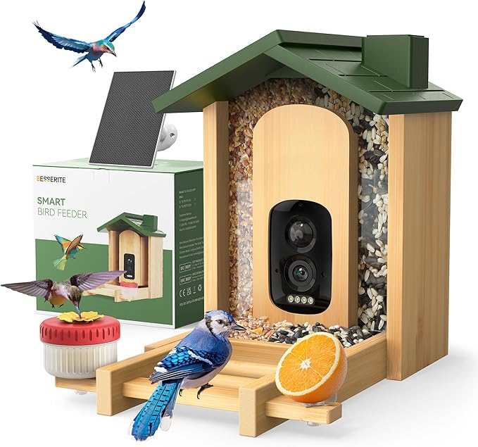 Bird Feeder with Camera: 160° Wide View & 2.5K Live Video, AI Auto Identify 12000+ Birds Species, Instant Arrival Alerts, Eco Natural Bamboo Build, Solar Smart Bird Feeders for Outdoors