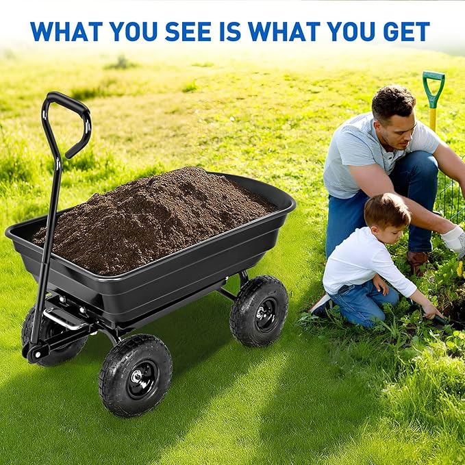 Yesker Garden Carts - 600lbs Dump Wagon with All Terrain Inflatable Wheels for Yard Lawn Farms Gardening - Heavy Duty Utility Outdoor Hauling Wheelbarrow