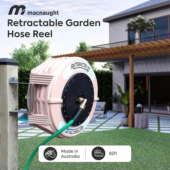 Macnaught Retractable Garden Hose Reel, 82 Ft Water Hose Reel Heavy Duty Retractable Hose with Metal 180° Swivel Rotation Bracket for Wall Mount - Beige
