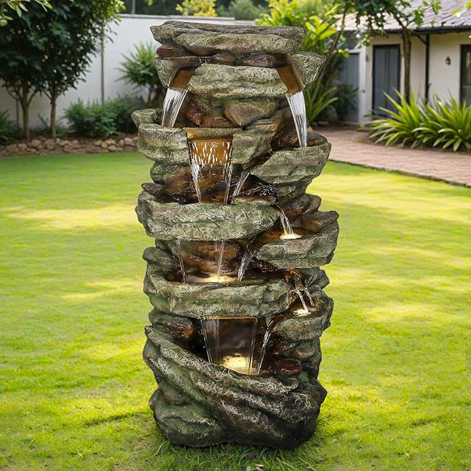 SunJet 59" High Multi-Tiers Cascading Rock Outdoor Water Fountain with LED Lights - Large Outdoor Fountains and Waterfalls for Garden or Patio, Yard, and Deck Decor, Featuring Natural Stone Look