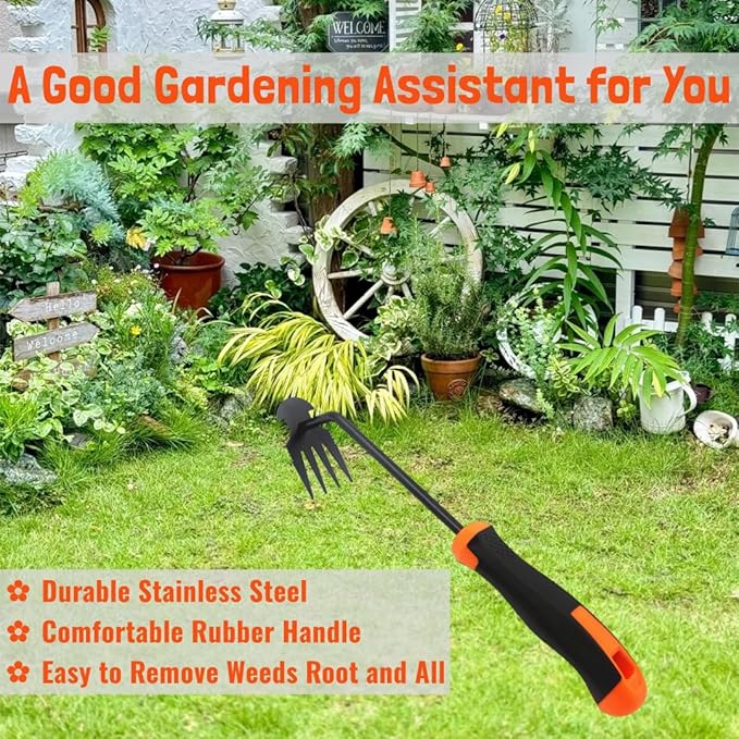Hand Weeding Tool, Uprooting Weeder Tool Portable Garden Weed Remover with Handle, 4 Teeth Stainless Steel Weed Puller for Garden Backyard Farm Planting & Weeding (Rubber Handle)
